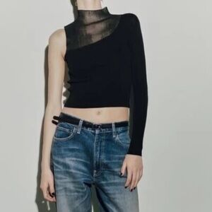 Zara Black One Shoulder Sheer Panel Knit Top | Asymmetrical | Size M